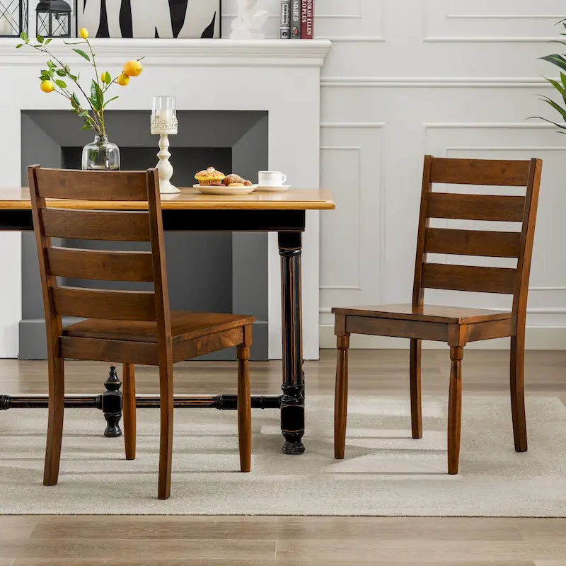 Chaise de salle à manger sans accoudoirs, dossier échelle, noir/noyer, lot de 2