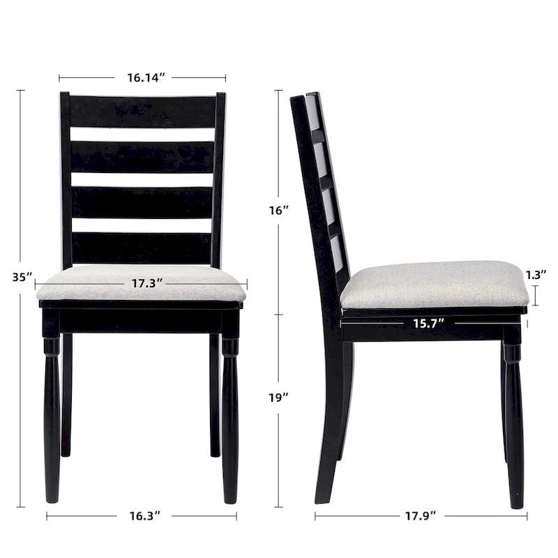 Chaise de salle à manger sans accoudoirs, dossier échelle, noir/noyer, lot de 2