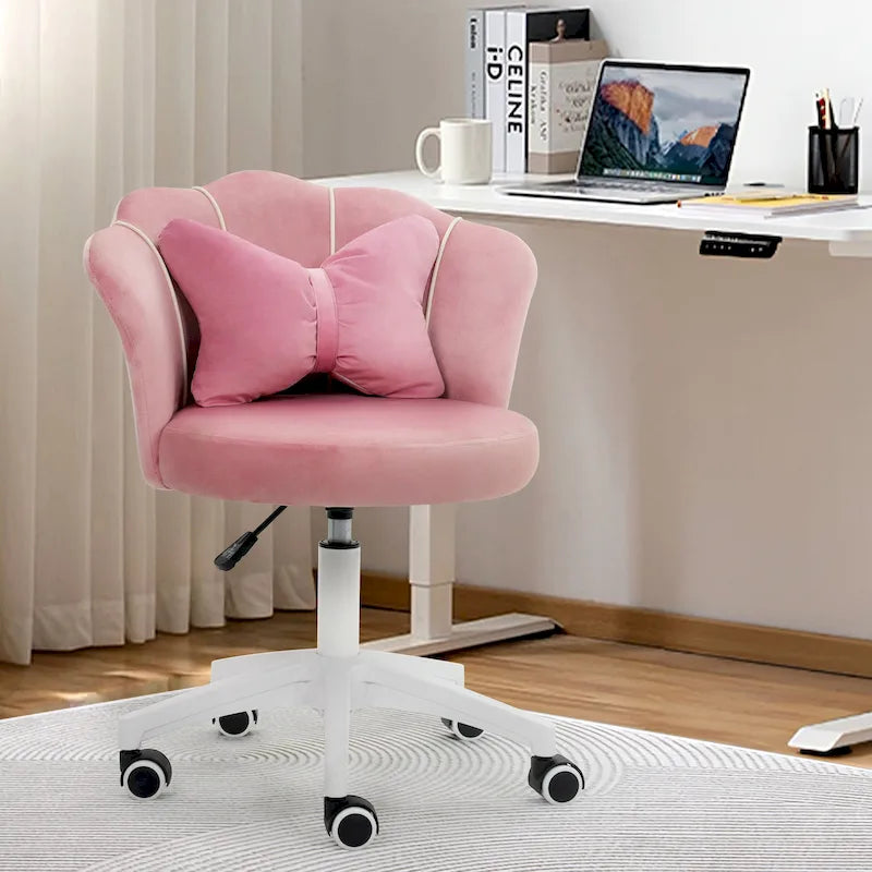 Chaise de bureau pivotante en velours rose / blanc / gris / noir avec coussin lombaire, dossier fleuri, individuelle