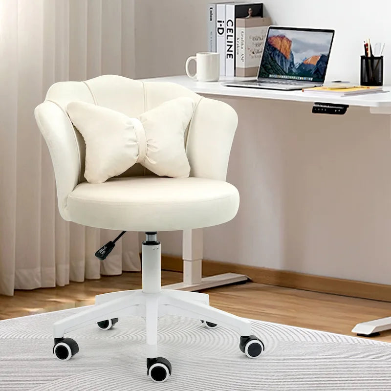 Chaise de bureau pivotante en velours rose / blanc / gris / noir avec coussin lombaire, dossier fleuri, individuelle