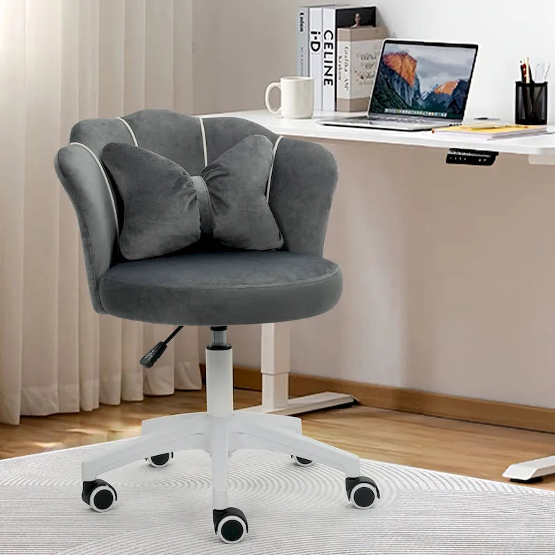 Chaise de bureau pivotante en velours rose / blanc / gris / noir avec coussin lombaire, dossier fleuri, individuelle