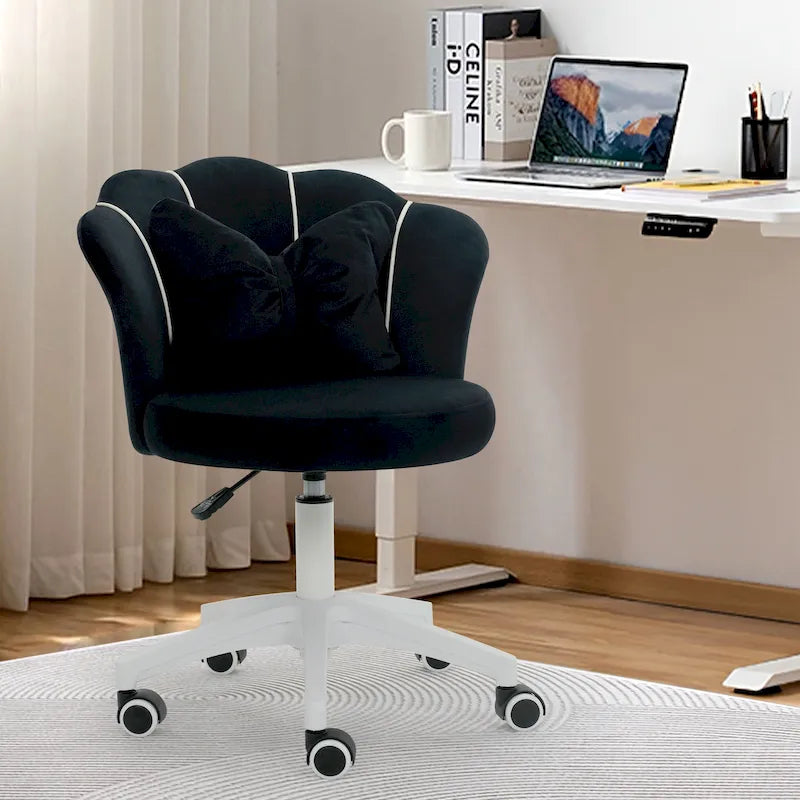 Chaise de bureau pivotante en velours rose / blanc / gris / noir avec coussin lombaire, dossier fleuri, individuelle