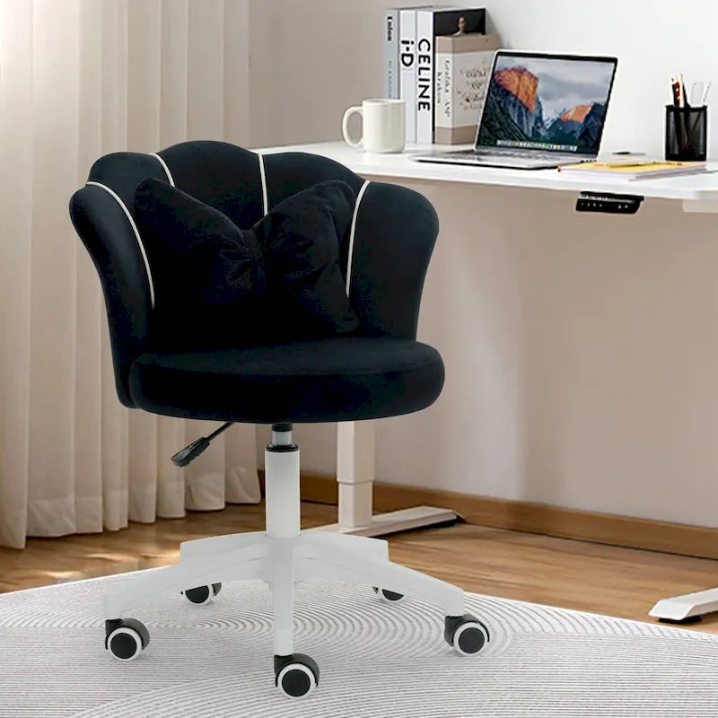 Chaise de bureau pivotante en velours rose / blanc / gris / noir avec coussin lombaire, dossier fleuri, individuelle