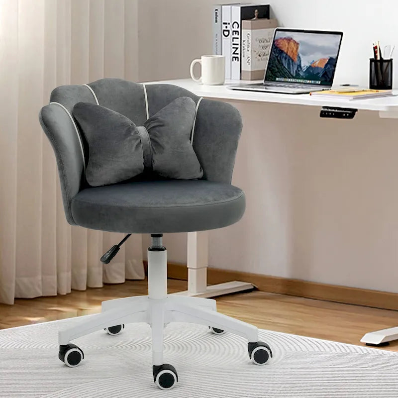 Chaise de bureau pivotante en velours rose / blanc / gris / noir avec coussin lombaire, dossier fleuri, individuelle