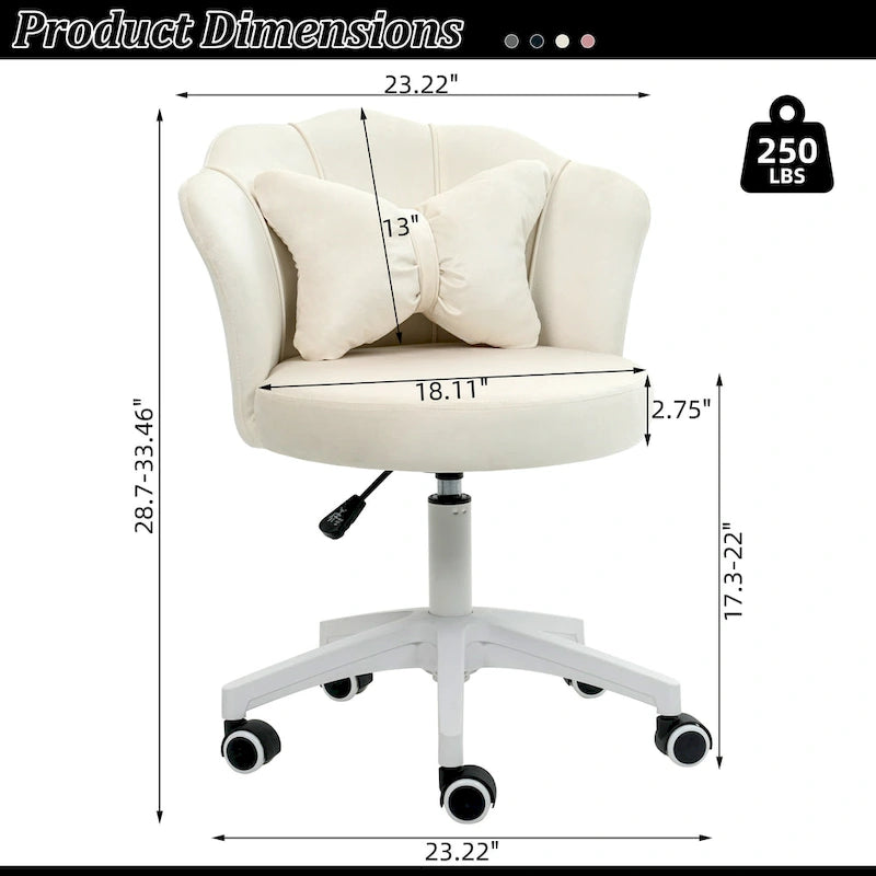 Chaise de bureau pivotante en velours rose / blanc / gris / noir avec coussin lombaire, dossier fleuri, individuelle