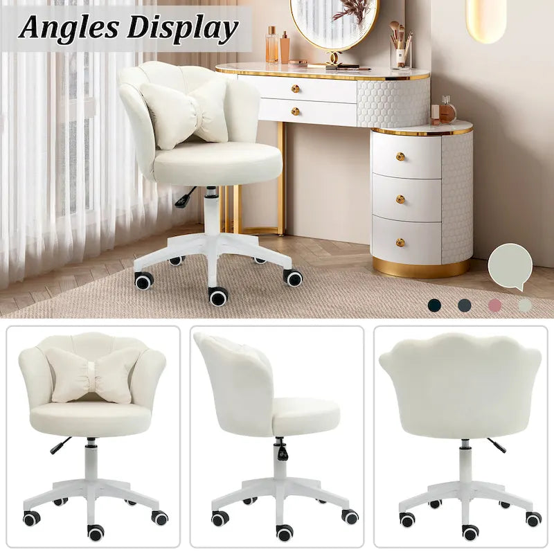 Chaise de bureau pivotante en velours rose / blanc / gris / noir avec coussin lombaire, dossier fleuri, individuelle