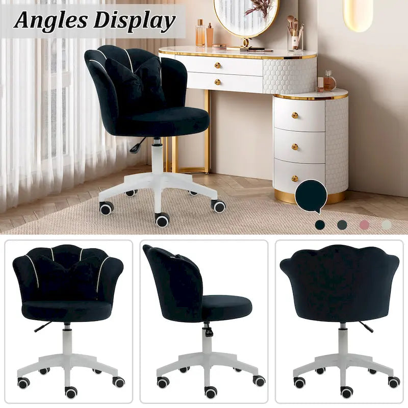 Chaise de bureau pivotante en velours rose / blanc / gris / noir avec coussin lombaire, dossier fleuri, individuelle