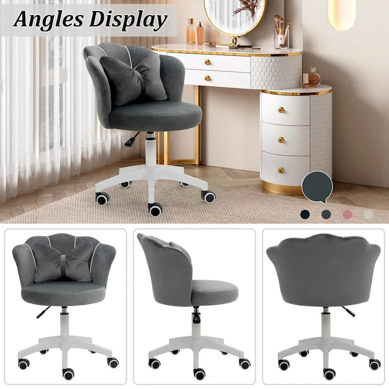 Chaise de bureau pivotante en velours rose / blanc / gris / noir avec coussin lombaire, dossier fleuri, individuelle