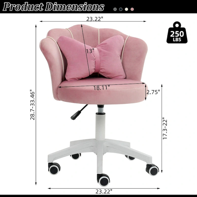 Chaise de bureau pivotante en velours rose / blanc / gris / noir avec coussin lombaire, dossier fleuri, individuelle