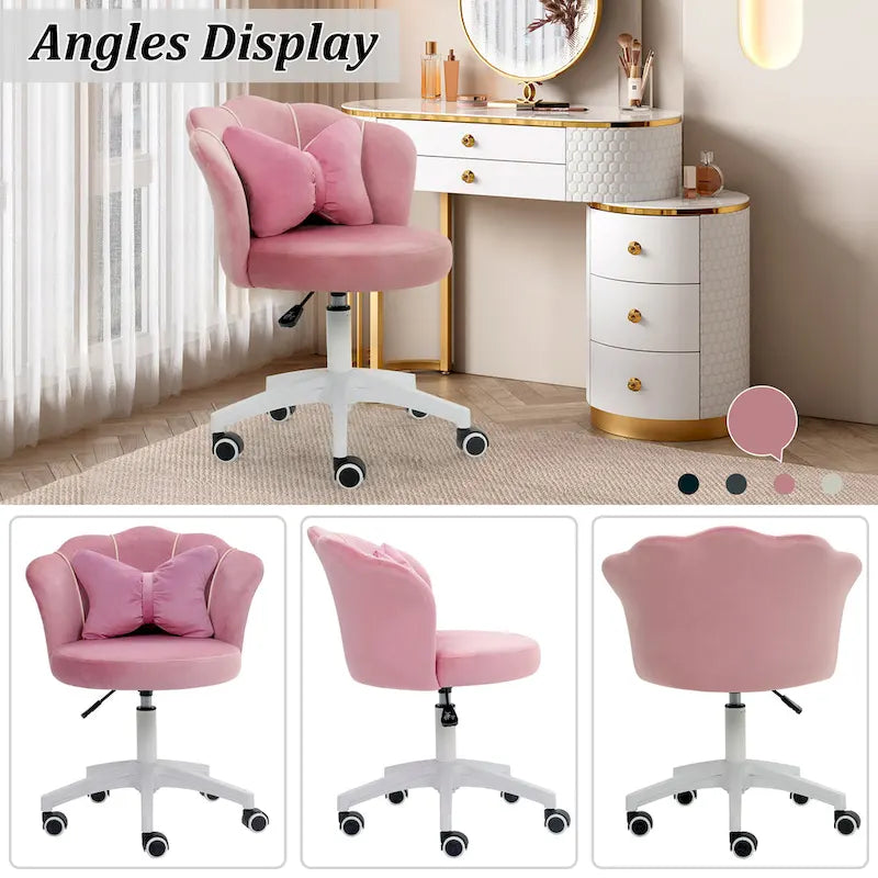 Chaise de bureau pivotante en velours rose / blanc / gris / noir avec coussin lombaire, dossier fleuri, individuelle