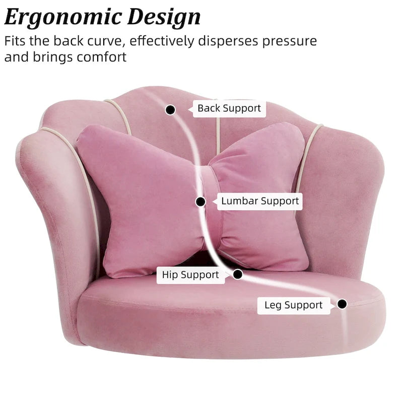 Chaise de bureau pivotante en velours rose / blanc / gris / noir avec coussin lombaire, dossier fleuri, individuelle