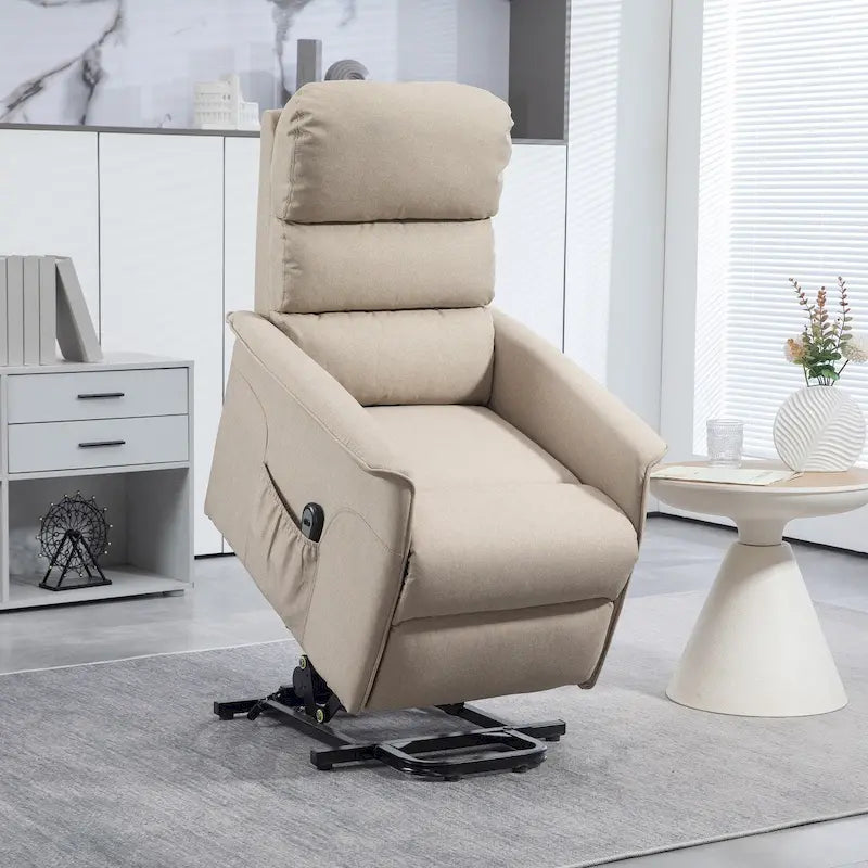 Fauteuil inclinable électrique relevable en tissu beige/bleu pour 1 personne avec télécommande