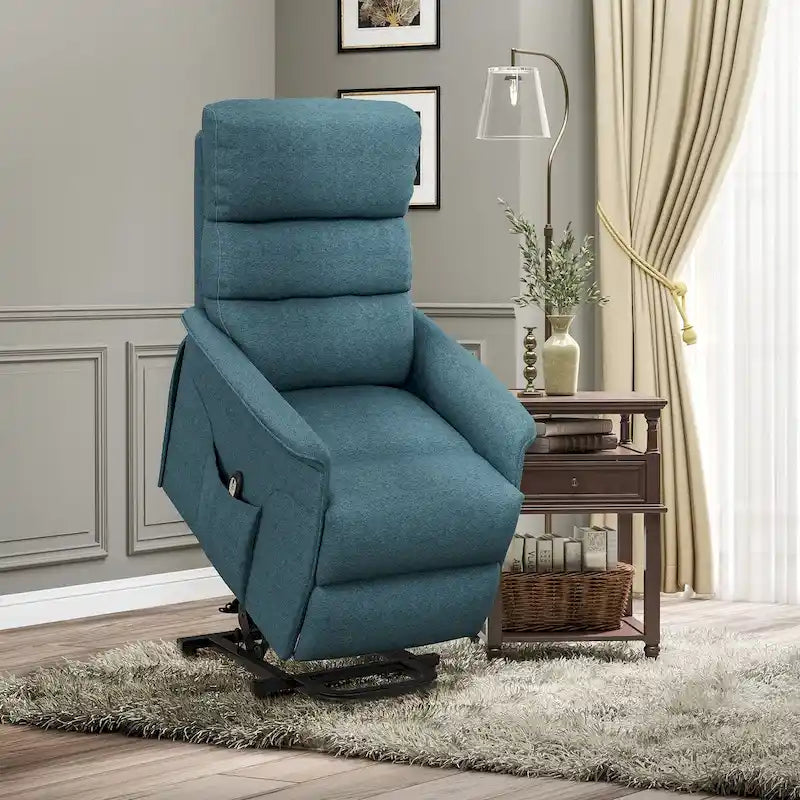 Fauteuil inclinable électrique relevable en tissu beige/bleu pour 1 personne avec télécommande