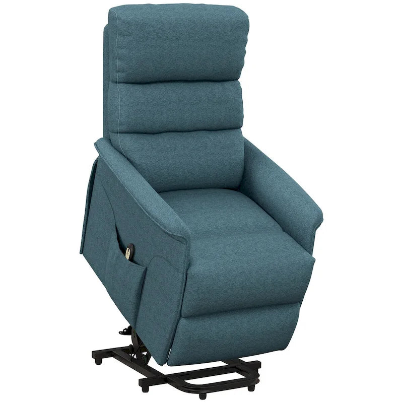 Fauteuil inclinable électrique relevable en tissu beige/bleu pour 1 personne avec télécommande