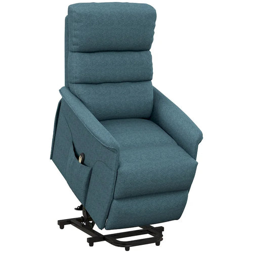 Fauteuil inclinable électrique relevable en tissu beige/bleu pour 1 personne avec télécommande