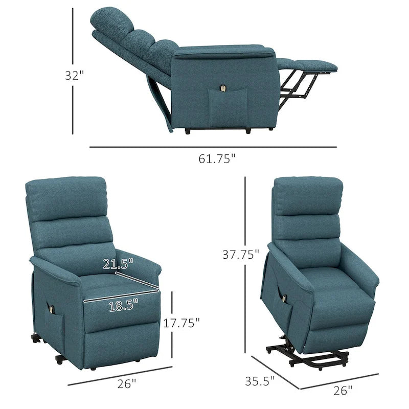 Fauteuil inclinable électrique relevable en tissu beige/bleu pour 1 personne avec télécommande