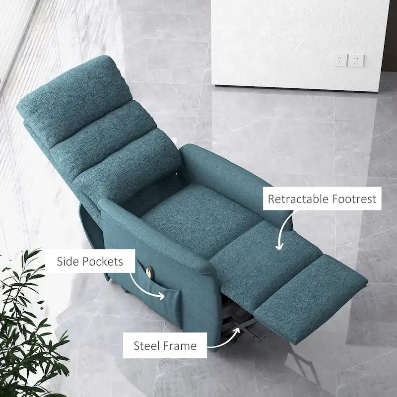 Fauteuil inclinable électrique relevable en tissu beige/bleu pour 1 personne avec télécommande