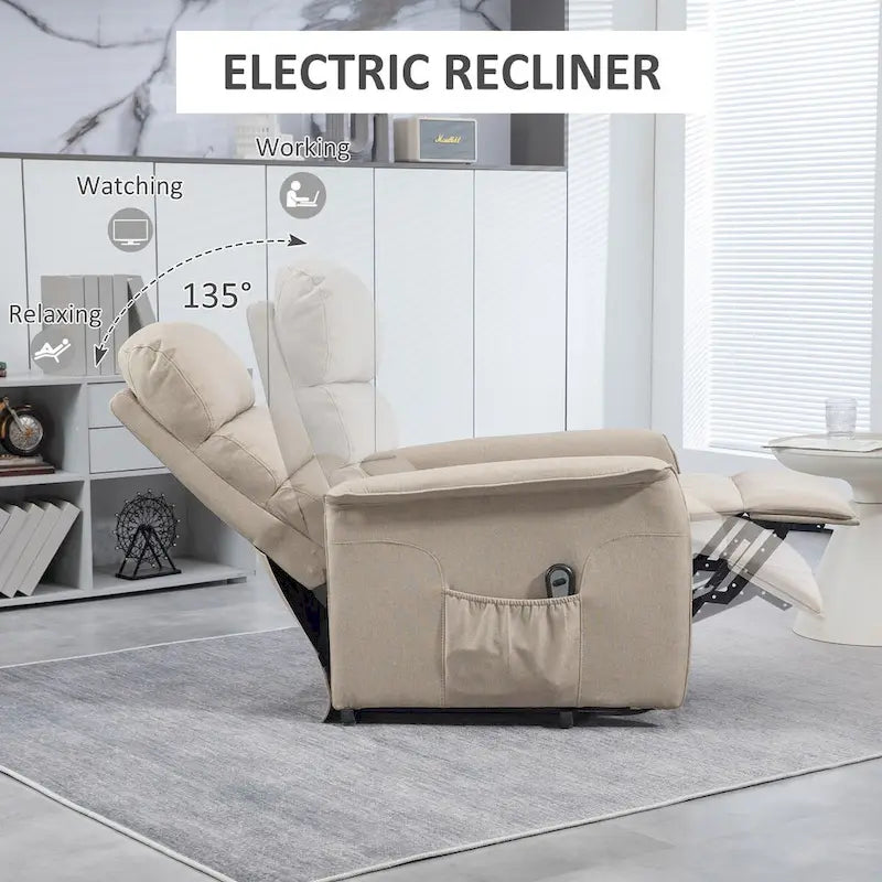 Fauteuil inclinable électrique relevable en tissu beige/bleu pour 1 personne avec télécommande