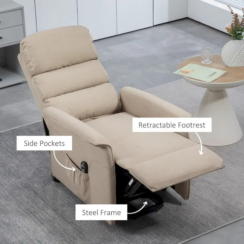 Fauteuil inclinable électrique relevable en tissu beige/bleu pour 1 personne avec télécommande