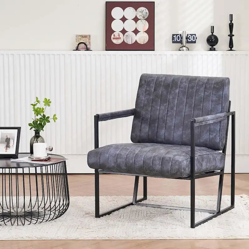 Fauteuil d'appoint rembourré à rayures marron/noir/bleu-gris, une place, intérieur et extérieur