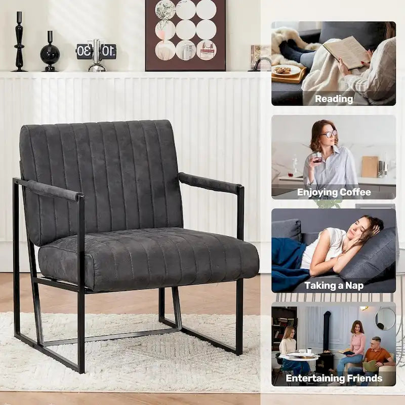Fauteuil d'appoint rembourré à rayures marron/noir/bleu-gris, une place, intérieur et extérieur