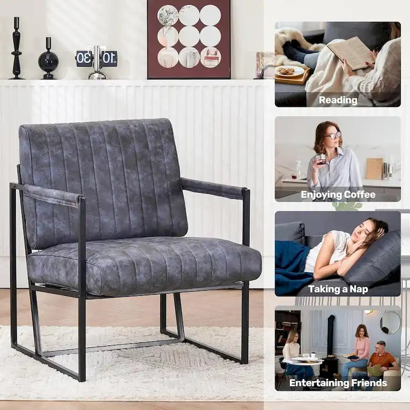 Fauteuil d'appoint rembourré à rayures marron/noir/bleu-gris, une place, intérieur et extérieur