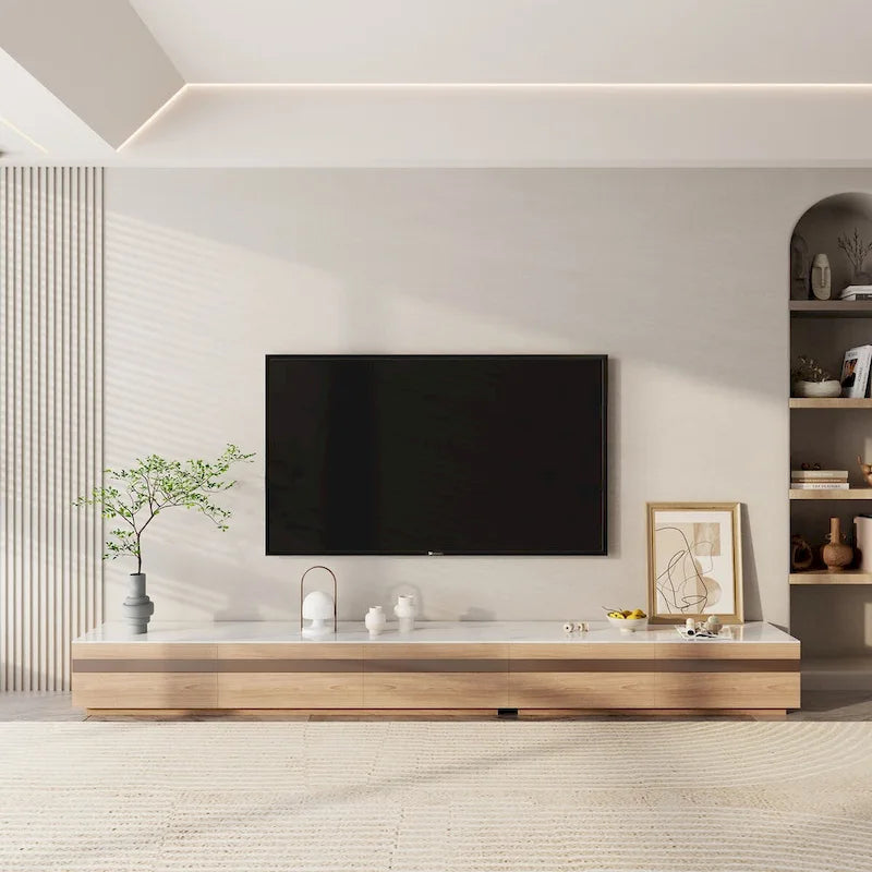 Meuble TV en bois clair et plateau en pierre, détails en verre teinté, 3 à 6 tiroirs, montage par 1 personne
