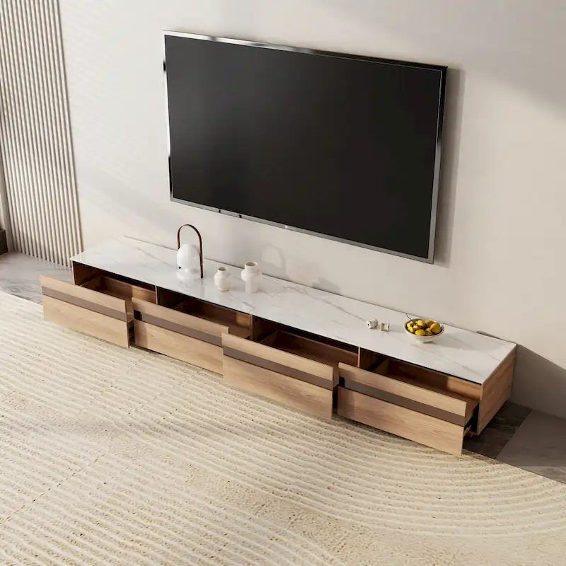 Meuble TV en bois clair et plateau en pierre, détails en verre teinté, 3 à 6 tiroirs, montage par 1 personne