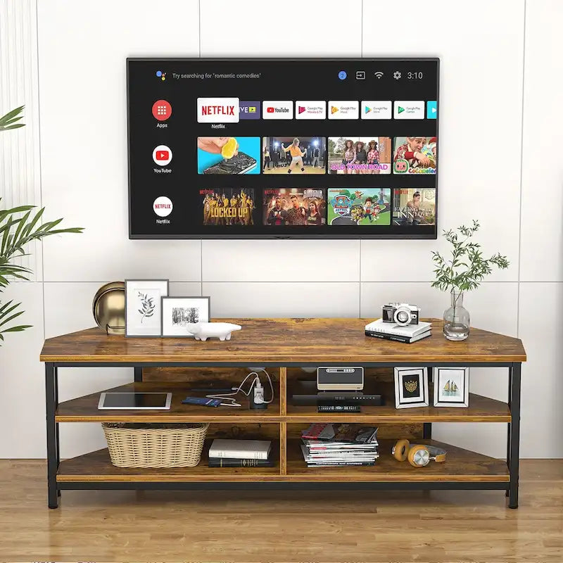 Meuble TV d'angle marron rustique / noir / chêne gris avec prise de courant, pour 1 téléviseur jusqu'à 60 po