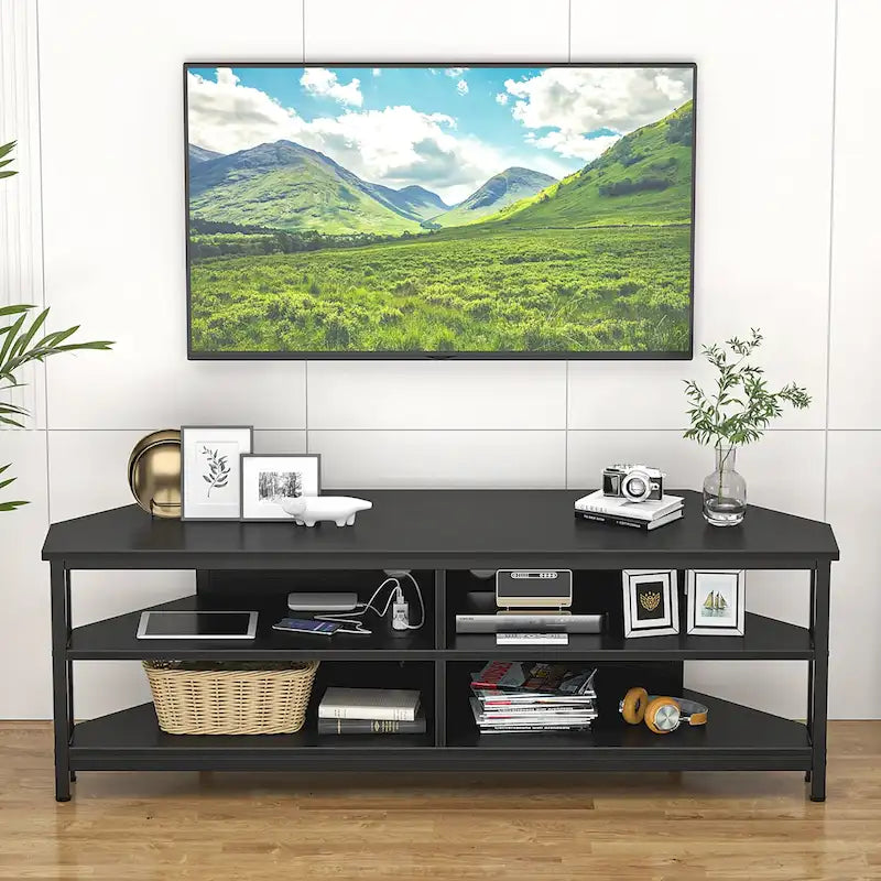 Meuble TV d'angle marron rustique / noir / chêne gris avec prise de courant, pour 1 téléviseur jusqu'à 60 po