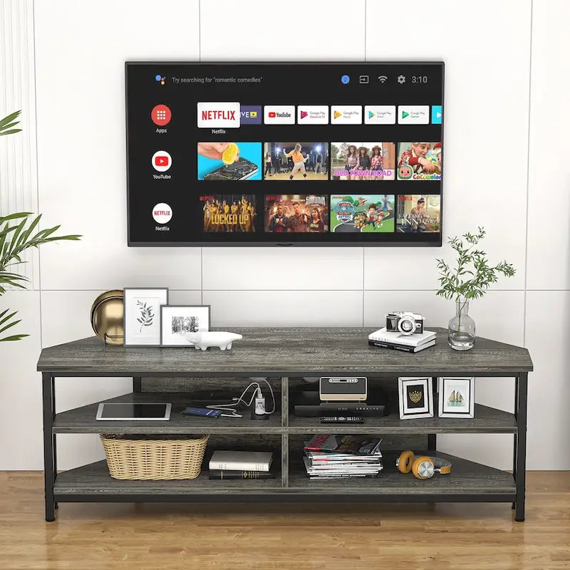Meuble TV d'angle marron rustique / noir / chêne gris avec prise de courant, pour 1 téléviseur jusqu'à 60 po