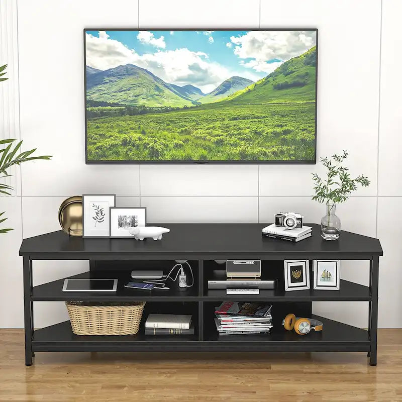 Meuble TV d'angle marron rustique / noir / chêne gris avec prise de courant, pour 1 téléviseur jusqu'à 60 po