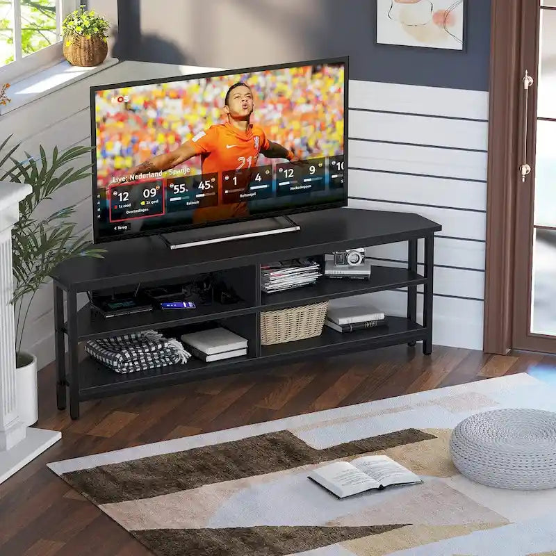 Meuble TV d'angle marron rustique / noir / chêne gris avec prise de courant, pour 1 téléviseur jusqu'à 60 po