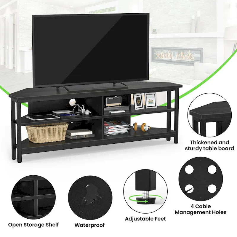 Meuble TV d'angle marron rustique / noir / chêne gris avec prise de courant, pour 1 téléviseur jusqu'à 60 po