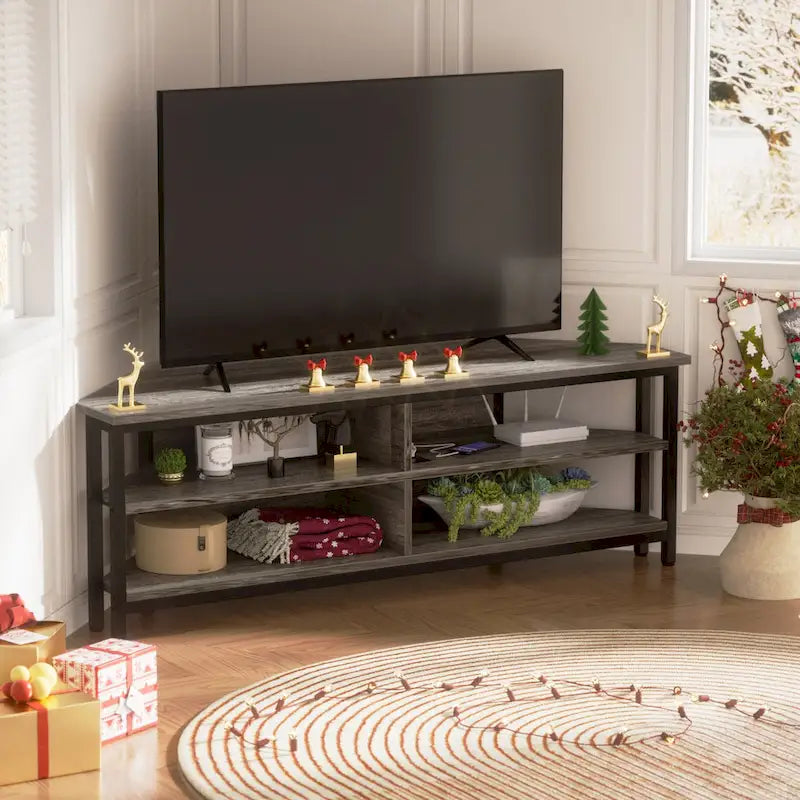 Meuble TV d'angle marron rustique / noir / chêne gris avec prise de courant, pour 1 téléviseur jusqu'à 60 po