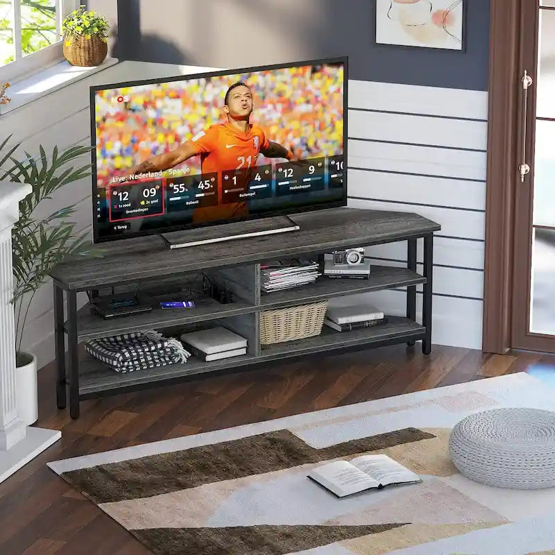 Meuble TV d'angle marron rustique / noir / chêne gris avec prise de courant, pour 1 téléviseur jusqu'à 60 po