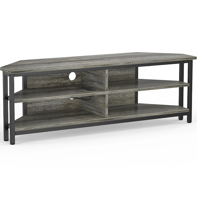 Meuble TV d'angle marron rustique / noir / chêne gris avec prise de courant, pour 1 téléviseur jusqu'à 60 po