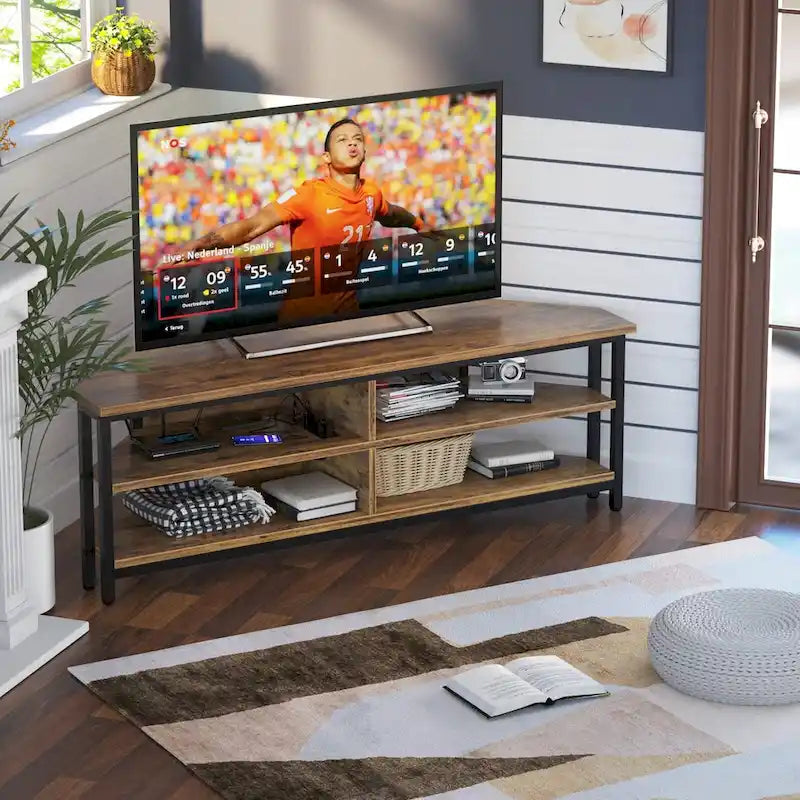 Meuble TV d'angle marron rustique / noir / chêne gris avec prise de courant, pour 1 téléviseur jusqu'à 60 po
