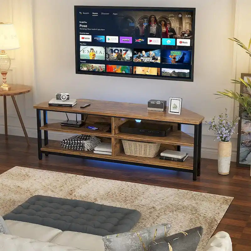 Meuble TV d'angle marron rustique / noir / chêne gris avec prise de courant, pour 1 téléviseur jusqu'à 60 po
