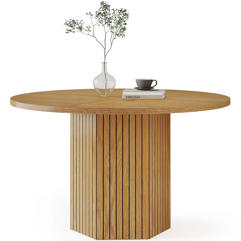 Table à manger ronde marron avec pied central pour 4 personnes