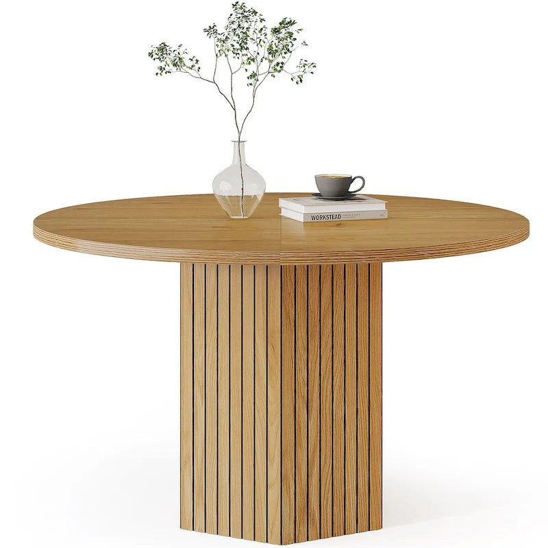Table à manger ronde marron avec pied central pour 4 personnes