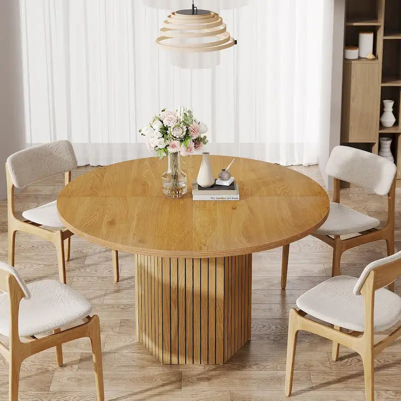 Table à manger ronde marron avec pied central pour 4 personnes