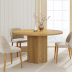 Table à manger ronde marron avec pied central pour 4 personnes