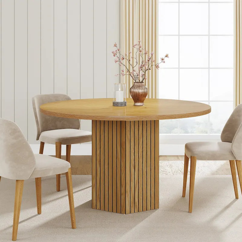 Table à manger ronde marron avec pied central pour 4 personnes