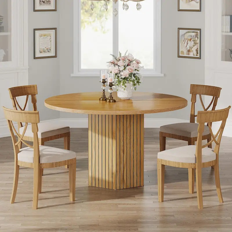 Table à manger ronde marron avec pied central pour 4 personnes