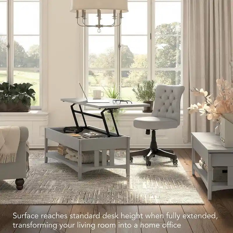 Table basse à plateau relevable avec rangement, blanc antique / gris Cape Cod, simple