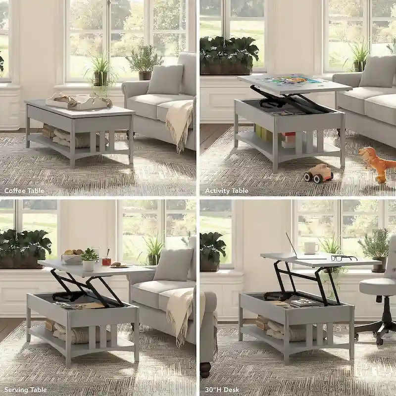 Table basse à plateau relevable avec rangement, blanc antique / gris Cape Cod, simple