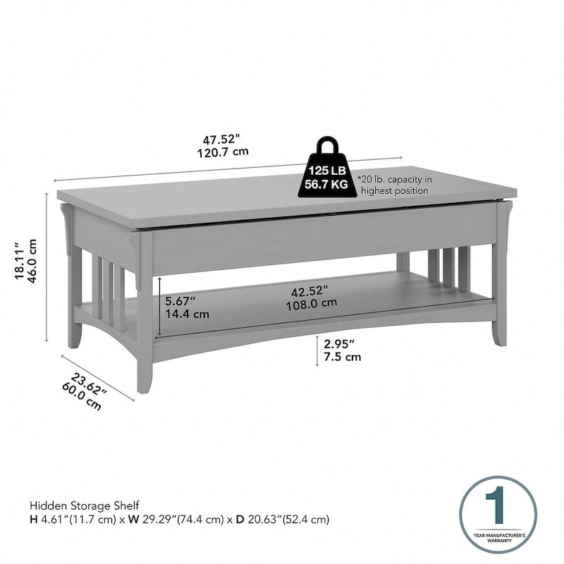 Table basse à plateau relevable avec rangement, blanc antique / gris Cape Cod, simple
