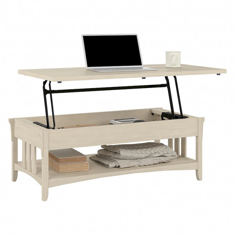 Table basse à plateau relevable avec rangement, blanc antique / gris Cape Cod, simple