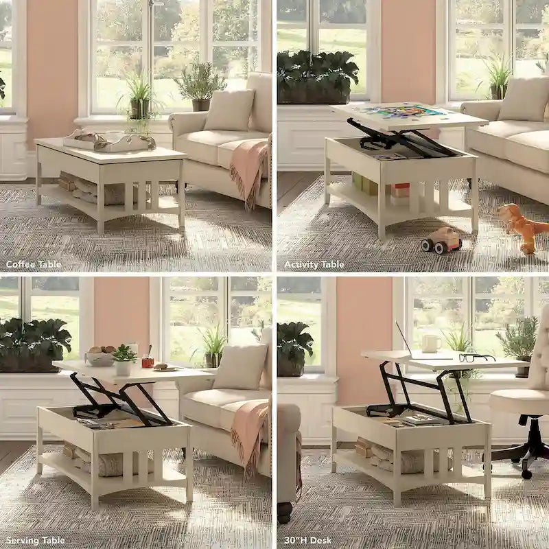 Table basse à plateau relevable avec rangement, blanc antique / gris Cape Cod, simple